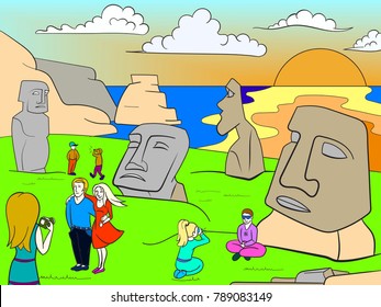 Easter Island excursions color vector. Chilean island in the southeastern Pacific Ocean