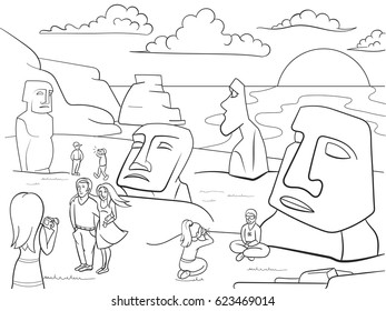 Easter Island excursions coloring vector. Zentangle style. Black and white line