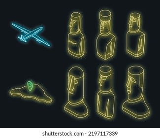 Easter Island icons set. Isometric set of Easter Island vector icons neon color on black