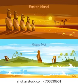 Easter Island landscape banners, Moai statues of Easter island landscape Polynesia. Stone idols. Tourism and vacation tropical background 