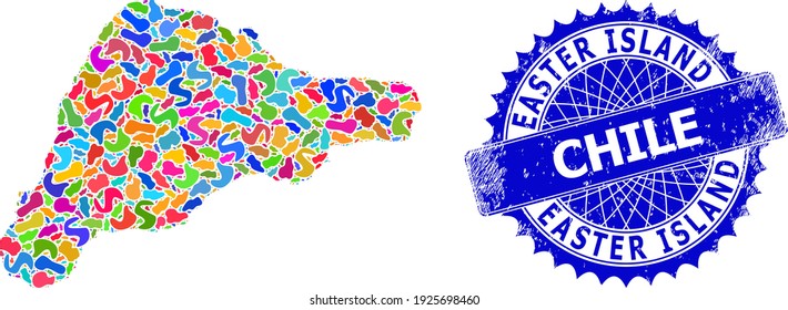 Easter Island map flat illustration. Splash pattern map and unclean watermark for Easter Island. Sharp rosette blue badge with text for Easter Island map.