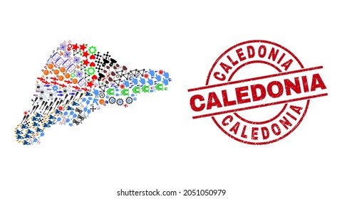 Easter Island map mosaic and unclean Caledonia red round stamp imitation. Caledonia stamp uses vector lines and arcs. Easter Island map collage contains helmets, houses, wrenches, suns, wine glasses,