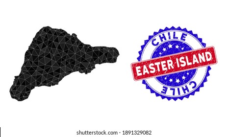 Easter Island map polygonal mesh with filled triangles, and rubber bicolor rubber seal. Triangle mosaic Easter Island map with mesh vector model, triangles have various sizes, and positions,