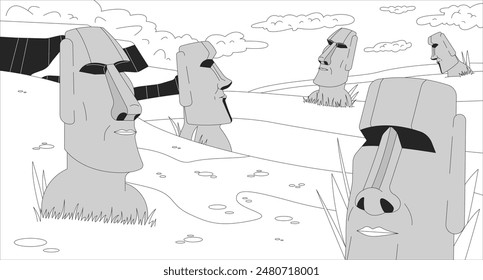 Easter island Moai statues black and white line illustration. Monolithic human figures of Chile Rapa Nui 2D landmark monochrome background. Mysterious world heritage outline scene vector image