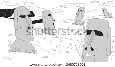Easter island Moai statues black and white line illustration. Monolithic human figures of Chile Rapa Nui 2D landmark monochrome background. Mysterious world heritage outline scene vector image