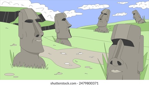 Easter island Moai statues cartoon flat illustration. Monolithic human figures of Chile Rapa Nui 2D line landmark colorful background. Mysterious world heritage scene vector storytelling image