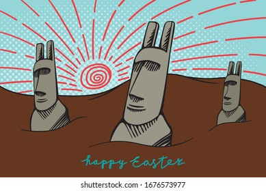 Easter Island Moai Statues having Rabbit Ears Colored Comic Creative Concept with Beaming Sun over Undulating Landscape - Multicolor on Similar Background - Vector Hand Drawn Design