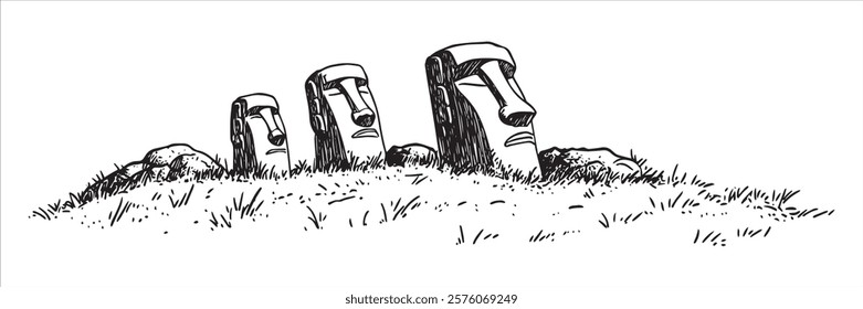 easter island moai statues on grassy hill in black and white hand-drawn style