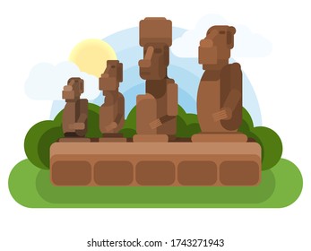 easter island old stone sculptures. multicolored flat style