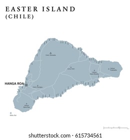 Easter Island political map with capital Hanga Roa, streets and monumental Moai statues. Chilean island in southeastern Pacific Ocean. Gray illustration on white background. English labeling. Vector.