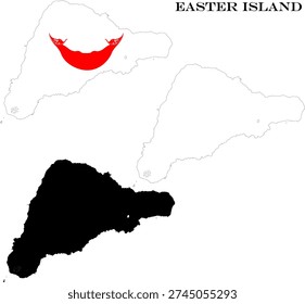 Easter Island (Rapa Nui) Map Bundle with Flag, Black Silhouette and Detailed Outline Contours