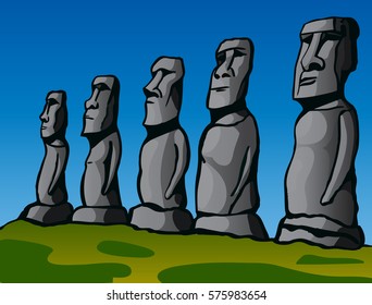 Easter Island. Stone idols. Vector Image.