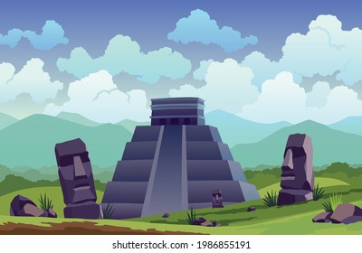 Easter island. Traveler at ancient mayan pyramids or moai statues. Famous travel landscape location banner. Tourism and vacation tropical background