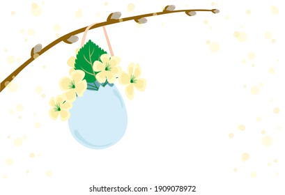 Easter isolate on a white background, colored egg with flowers, pussy willow and soap bubbles. Vector illustration scalable to any size. For scrapbooking, covers, fabrics, postcards, interior decorat