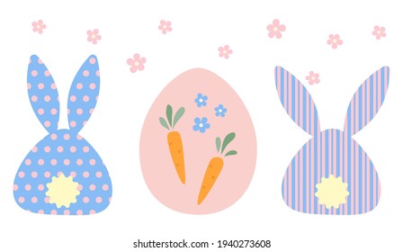 Easter isolated element set on a white background. rabbit, egg, carrot, flowers. Vector.