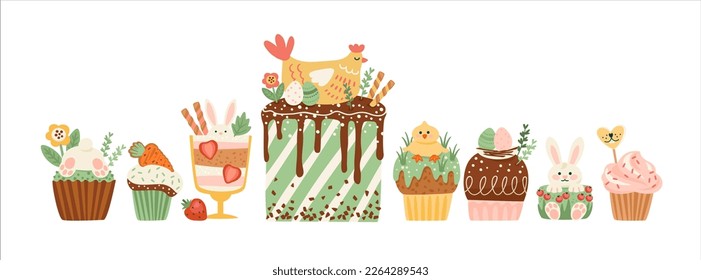 Ostereinzelne Illustration mit lustigen Süßigkeiten. Kuchen, Kuchen, Nachtisch mit Ostersymbolen. Vektordesign-Vorlage.