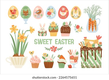 Easter isolated illustrations. Cupcake, cake, dessert with easter symbols. Vector design templates.