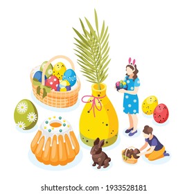 Easter isometric background composition with images of sweet cakes basket with painted eggs and kids characters vector illustration