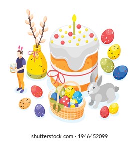 Easter isometric background composition with images of painted eggs big easter cake bunny and willow branch vector illustration