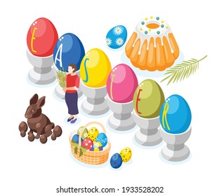 Easter isometric background with images of painted eggs on stands with cakes sweets and chocolate bunny vector illustration