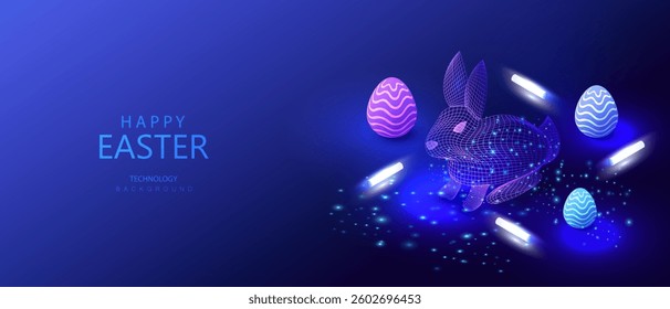 easter isometric card, holiday technology rabbit and eggs,  ai vector background