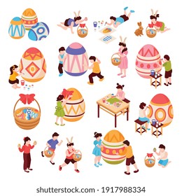 Iconos isométricos de Pascua conjunto de personajes de niños pintando huevos grandes sobre fondo blanco ilustración vectorial aislada