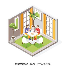 Easter isometric composition with indoor view of dining room with human characters painting eggs at table vector illustration
