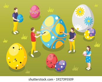 Easter isometric composition with view of grass lawn with human characters painting big eggs with brushes vector illustration