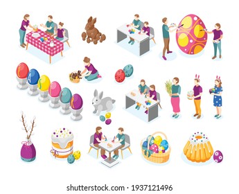 Easter isometric recolor set of isolated icons with human characters making holiday goods accessories painted eggs vector illustration