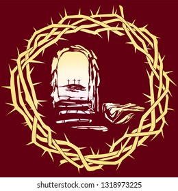 Easter Jesus Christ rose from the dead. Sunday morning. Dawn. The empty tomb in the background of the crucifixion. symbol of Christianity vector illustration sketch
