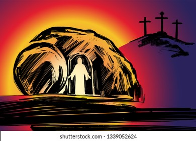 Easter Jesus Christ rose from the dead. Sunday morning. Dawn. The empty tomb in the background of the crucifixion. symbol of Christianity vector illustration