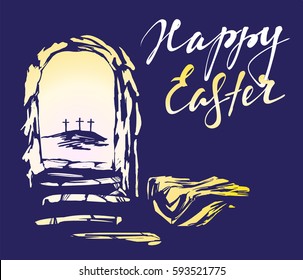 Easter, Jesus Christ rose from the dead. Sunday morning. Dawn. The empty tomb in the background of the crucifixion. symbol of Christianity hand drawn vector illustration sketch