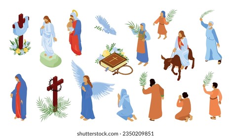 Easter jesus christ virgin mary isometric set of biblical characters isolated on white background vector illustration