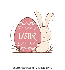 Pascua, conejo alegre con un huevo pintado en sus patas ilustración plana sobre un fondo blanco. Estilo plano. Ilustración vectorial.