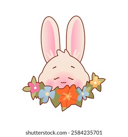 Easter Kawaii Bunny. Tiny face baby rabbit isolated on white backgroun. Clip art for sticker, t-shirt print, greeting card design. Hand drawn vector illustration.	