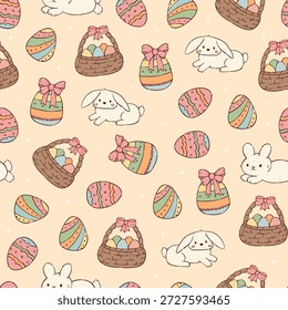 Patrón sin fisuras de garabatos kawaii de Pascua con conejitos y huevos de Pascua para impresiones textiles, papel de regalo, fondos, embalaje, Fondo de pantalla, papel digital, etc. EPS 10