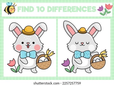 Easter kawaii find differences game for children. Attention skills activity with cute bunny going on egg hunt with basket. Spring holiday puzzle for kids. Printable what is different worksheet
