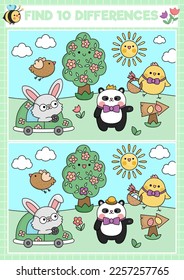 Easter kawaii find differences game for children. Attention skills activity with cute bunny and chick going on egg hunt. Spring holiday puzzle for kids. Printable what is different worksheet
