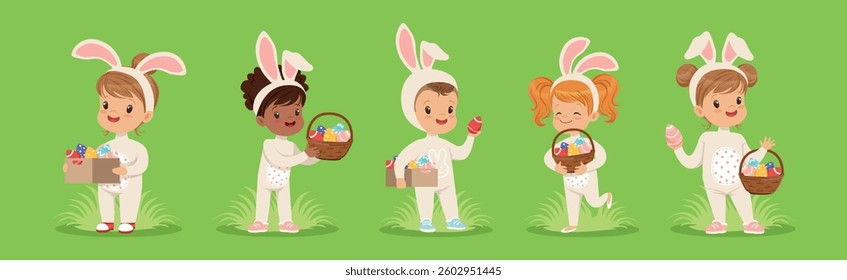 Easter with Kids in Bunny Costume on Green Lawn with Eggs Vector Set