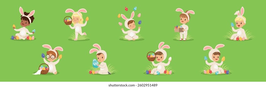Easter with Kids in Bunny Costume on Green Lawn with Eggs Vector Set