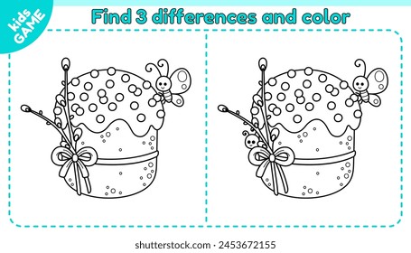Ostern Kinder Spiel Finde 3 Unterschiede. Cartoon Osterkuchen verziert mit einer Schleife, Weichtier Weide. Ein süßer Schmetterling sitzt auf einer Feiertags-Pascha. Erkennen Sie die Unterschiede. Puzzle für Kinder. Entwurf der Vektorgrafik