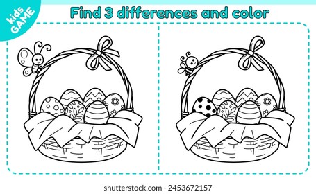 Easter kids game Find 3 differences. Cartoon basket with Easter painted eggs decorated bow. A cute butterfly sits on the basket. Spot the differences. Puzzle for children. Vector outline illustration.