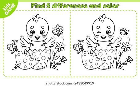 Easter kids game Find 5 differences with chick hatched from egg. Small chicken in cracked egg. Spot the differences. Educational worksheet for children. Vector outline design on spring holiday theme.