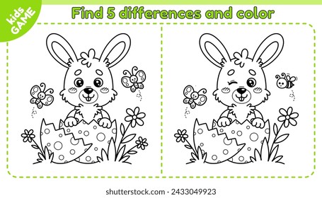 Easter kids game Find 5 differences with cartoon rabbit hatched from egg. Happy hare in cracked egg. Spot the differences. Educational riddle for school children. Spring holiday design. Vector outline
