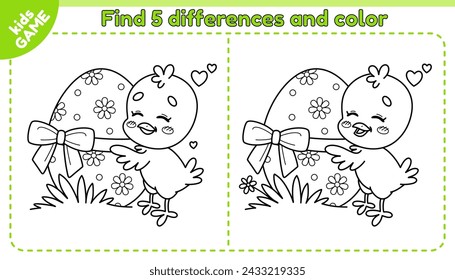 Easter kids game Find 5 differences with cartoon chick. Small chicken hugs the egg decorated with ribbon and bow. Spot the differences. Worksheet for children. Spring holiday design. Vector outline.