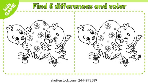 Easter kids game Find 5 differences with cartoon chicks. Cute small chickens paints the egg with a brush. Spot the differences. Educational puzzle for children. Vector outline spring holiday design.