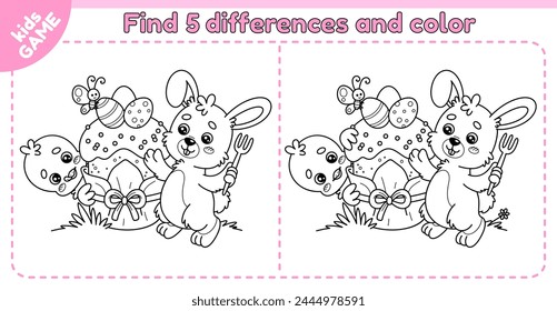 Easter kids game Find 5 differences with cartoon rabbit and chick standing near a traditional holiday Easter cake decorated with painted eggs. Spot the differences. Puzzle for children. Vector outline