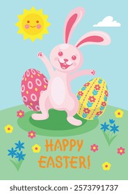 Easter kids greeting card with funny happy cute bunny and painted eggs on spring lawn background. Background, flyer, poster, banner