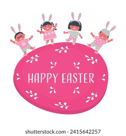Easter kids party. Cute children dance on Pink Easter egg. Group of little kids have fun. Happy baby girls and baby boys. Vector illustration