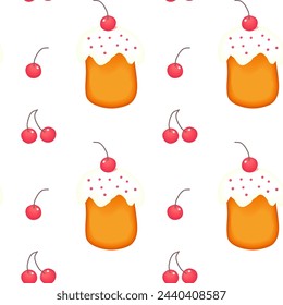 Easter kulich with cherry. On light background for postcards, banners. Vector illustration.